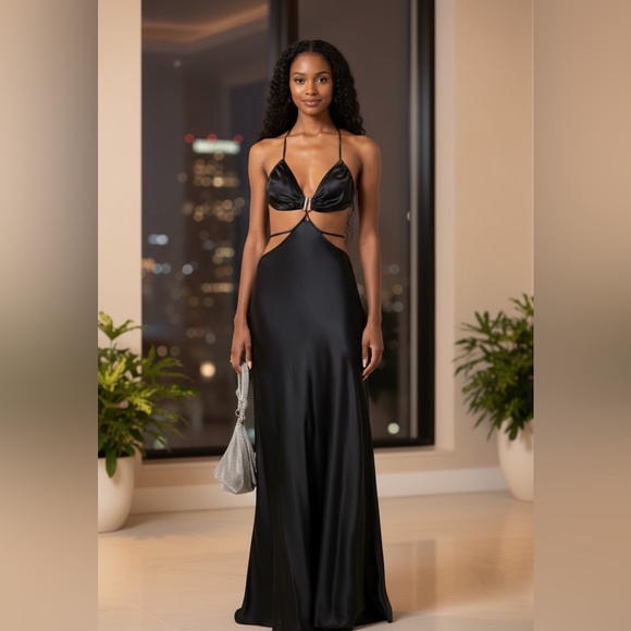 NWT Cult Gaia Colette Black Satin Halter Neck Maxi Dress Size L - Picture 1 of 16